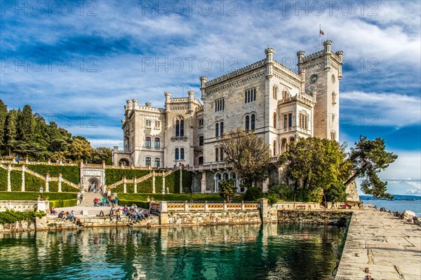 Miramare Castle in white limestone with a marvellous view of the Gulf of Trieste, 1870, residence of Maximilian of Habsburg-Lorraine and Austria, princely living culture in the second half of the 19th century, Friuli, Italy, Trieste, Friuli, Italy, Europe