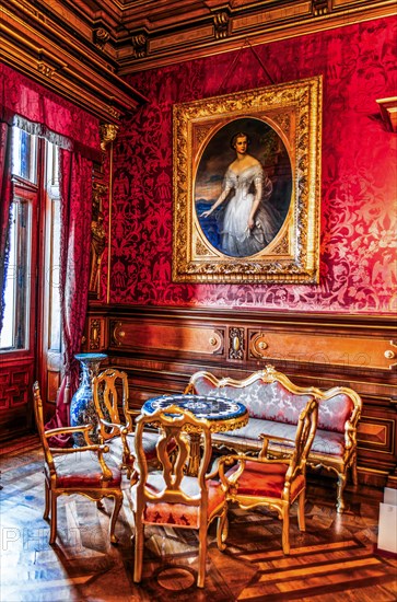 Conversation room, interior in neo-renaissance, neo-baroque style, Miramare Castle with marvellous view of the Gulf of Trieste, 1870, residence of Maximilian of Austria, princely living culture in the second half of the 19th century, Friuli, Italy, Trieste, Friuli, Italy, Europe
