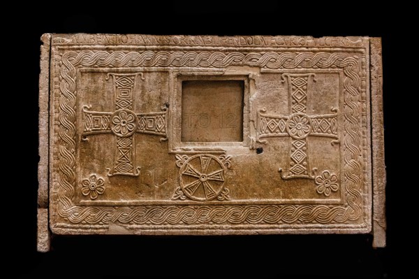 Ratchis Altar, the back is decorated with crosses and geometric motifs, 8th century, Museo Cristiano with masterpieces of Lombard sculpture, Cividale del Friuli, city with historical treasures, UNESCO World Heritage Site, Friuli, Italy, Cividale del Friuli, Friuli, Italy, Europe