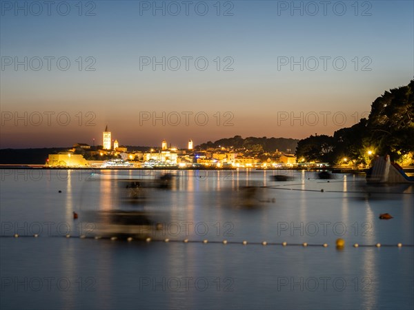 Night shot, illuminated church towers, old town centre of Rab, town of Rab, island of Rab, Kvarner Gulf Bay, Croatia, Europe