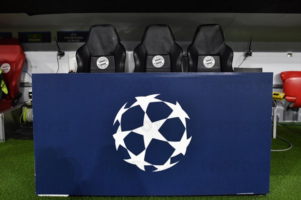 Logo, presenter's table, FC Bayern Munich FCB, Champions League, CL, Allianz Arena, Munich, Bavaria, Germany, Europe