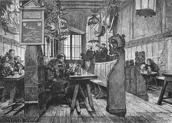 In the Schifferhaus zu Luebeck, historical restaurant of the Schiffergesellschaft, wood panelling, benches, tables, beer, guests, ship models, world cultural heritage, famous, Schleswig-Holstein, Germany, historical illustration 1880, Europe