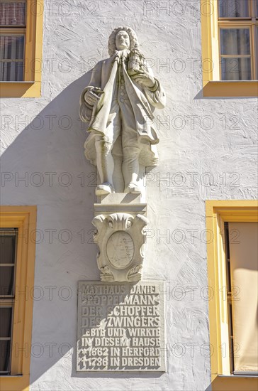 Matthaeus Daniel Poeppelmann in Dresden, monument to the master builder of the Zwinger at his home in Schlossstrasse, Innere Altstadt, Dresden, Saxony, Germany, Europe
