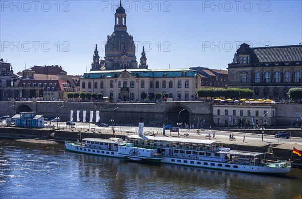 The passenger steamer DRESDEN at the landing stage on the Terrassenufer at the Bruehlsche Terrasse with the Church of Our Lady in the background, Inner Old Town, Dresden, Saxony, Germany, Europe