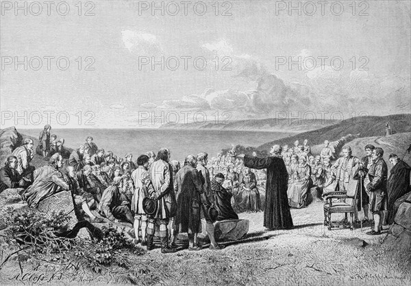 Sermon on the beach on the island of Ruegen, Baltic Sea, Christianity, crowd, preacher, Mecklenburg-Western Pomerania, Germany, historical illustration 1880, Europe