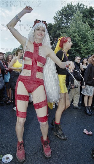 Under the motto One World one Future, techno music fans celebrate the 10th Love Parade with more than one million visitors in Berlin on 11 July 1998