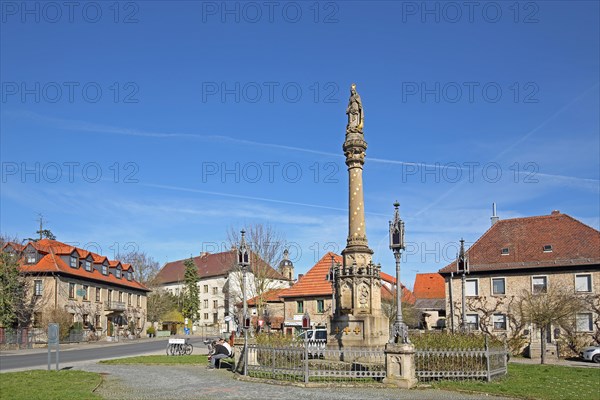 Marian column with Madonna figure, Marienplatz, Wiesentheid, Lower Franconia, Franconia, Bavaria, Germany, Europe