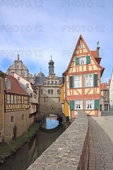 Historic Main Gate, half-timbered house Malerwinkelhaus and Breitbach, town gate, town tower, stream, town wall, museum, Marktbreit, Lower Franconia, Franconia, Bavaria, Germany, Europe