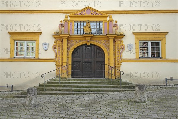 Portal with columns and decorations from the Renaissance castle built in 1580, staircase, yellow, window, house wall, Marktbreit, Lower Franconia, Franconia, Bavaria, Germany, Europe