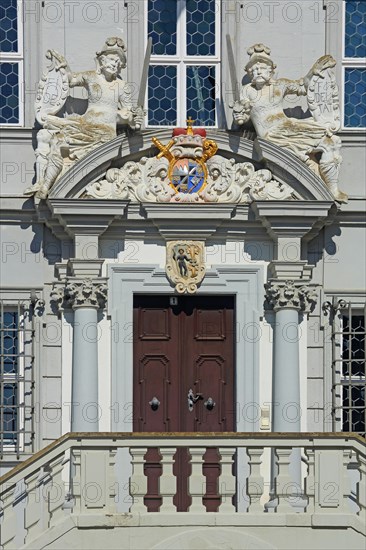 Portal with town coat of arms, figures, parapet and decorations of the baroque town hall, detail, sword, shield, two, market square, Iphofen, Lower Franconia, Franconia, Bavaria, Germany, Europe