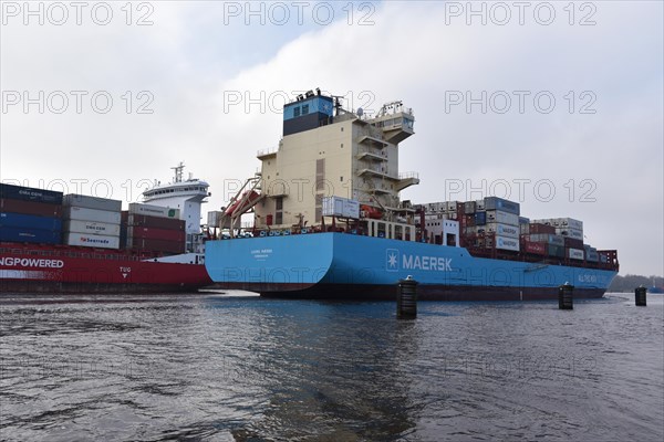 Container ship Laura Maersk travelling through the Kiel Canal, Kiel Canal, Schleswig-Holstein, Germany, Europe