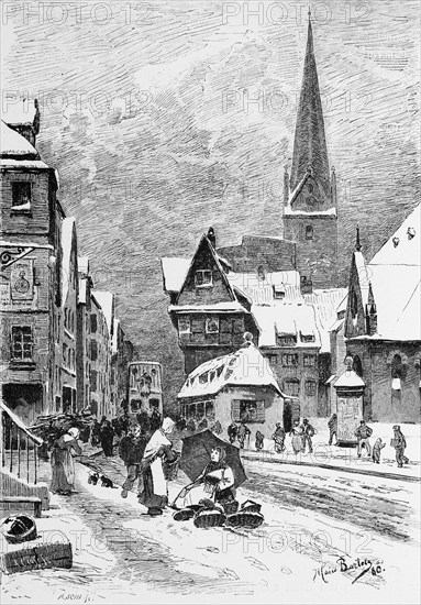 Winter street scene, stone street in the city centre, snow, street, church, building, sale, baskets, many people, advertising pillar, Free and Hanseatic City of Hamburg, Germany, historical illustration 1880, Europe