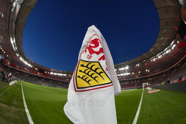 Corner flag, logo, VfB Stuttgart, Bundesliga, interior, floodlit match, blue hour, MHPArena, MHP Arena Stuttgart, Baden-Wuerttemberg, Germany, Europe