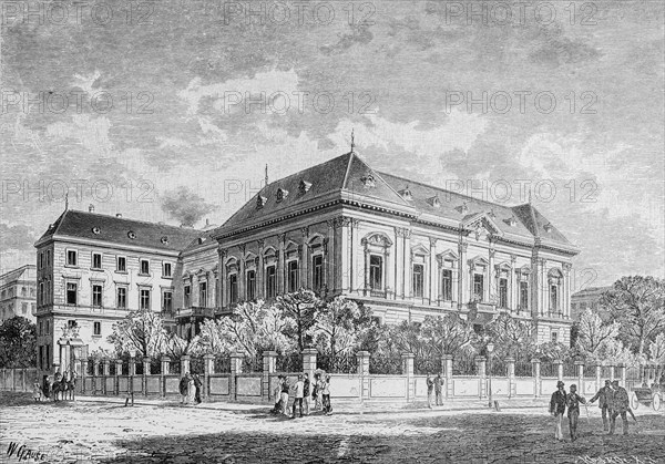 The German ambassador hotel in Vienna, embassy, politics, large building, fence, walker, Austria, historical illustration 1890, Europe