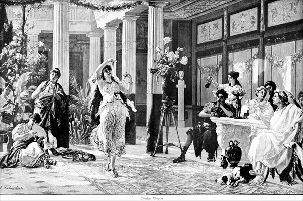 Roman dancer, Rome, music, performance, interior, palace, wealth, Italy, historical illustration around 1898, Europe