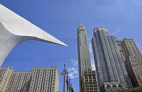 Top of the Oculus Building and skyscrapers, World Trade Centre Station, Transportation Hub, Ground Zero, Lower Manhattan, New York City, New York, USA, North America