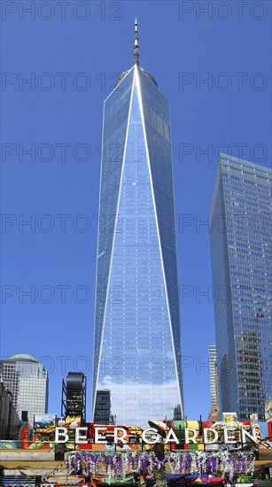 Beer garden in front of One World Trade Centre or Freedom Tower, Ground Zero, Lower Manhattan, New York City, New York, USA, North America