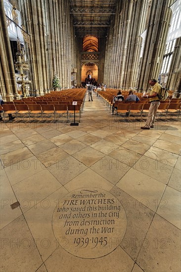 Memorial plaque in the floor, for the fire station in the 2nd World War, Canterbury Cathedral, The Cathedral of Christ Church, interior view, Canterbury, Kent, England, Great Britain