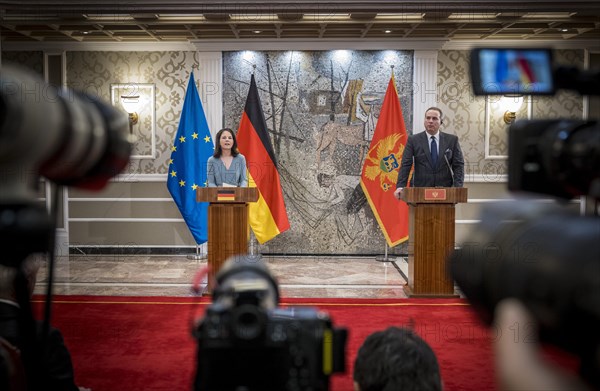 Annalena Baerbock (Alliance 90/The Greens), Federal Foreign Minister, photographed during her visit to Montenegro. Here a press conference with Foreign Minister Filip Ivanovic in Villa Gorica. 'Photographed on behalf of the Federal Foreign Office'