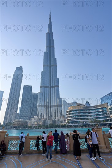 Burj Khalifa, Lake Burj Khalifa. At 828 metres, the Burj Khalifa in Dubai is the tallest building in the world. Dubai, United Arab Emirates, Asia
