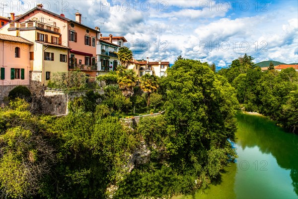 View from the 15th century Ponte del Diavolo leading over the Natisone river into the historic centre, Devil's Bridge, Cividale del Friuli, city with historical treasures, UNESCO World Heritage Site, Friuli, Italy, Cividale del Friuli, Friuli, Italy, Europe