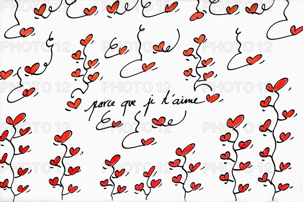 Street art, painted house wall with hearts and lettering on the theme of love, Montmartre, Paris, Ile-de-France, France, Europe