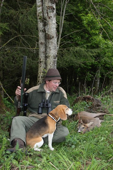 Hunter with hunting dog Beagle next to an abnormal european roe deer (Capreolus capreolus) Allgaeu, Bavaria, Germany, Europe