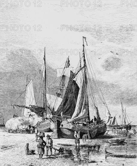 Tjaken, Tjalk, a single-masted sailing ship in the Wadden Sea for transporting goods in shallow waters, coast, horse-drawn carts, baskets, people working, East Frisia, West Frisia, historical illustration 1880
