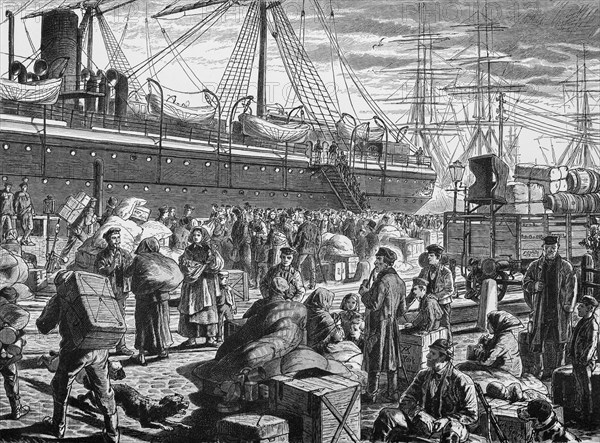 Emigrants in Bremerhaven, harbour, many people, steamship, luggage, boxes, wagon, masts, hustle and bustle, waiting, men, woman, Bremen, Germany, historical illustration 1880, Europe