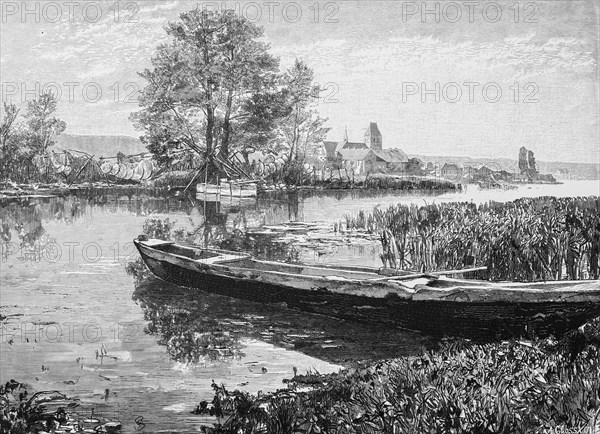 Lake Ratzeburg, Ratzeburg, Duchy of Lauenburg, town with cathedral, shore, reeds, nature, idyll, fishing net, fishing, rowing boat, Schleswig-Holstein, Germany, historical illustration 1880, Europe