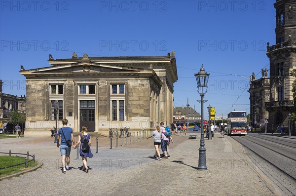 Tourist situation and approaching double-decker bus for city tours between Neue Hauptwache and Residenzschloss, Innere Altstadt, Dresden, Saxony, Germany, for editorial use only, Europe