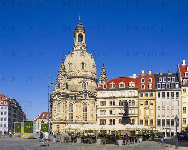 Tourist scene in front of the Church of Our Lady on the Neumarkt in Dresden, Saxony, Germany, for editorial use only, Europe