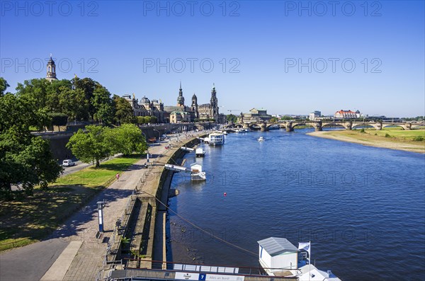 View of the historic old town ensemble on the Terrassenufer in Dresden, Saxony, Germany, Europe