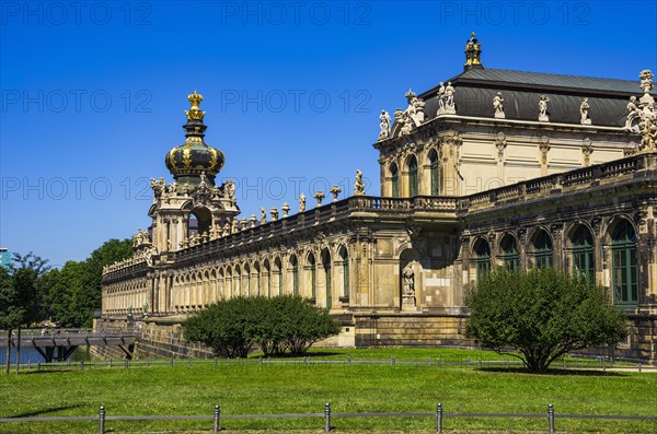 South-west side and southern corner of the Dresden Zwinger, a jewel of Saxon Baroque, in Dresden, Saxony, Germany, Europe