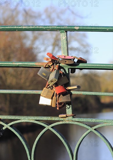 Love locks on the railing of a bridge, North Rhine-Westphalia, Germany, Europe