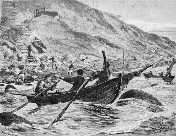 Fishermen go out to herring, Lohme on Ruegen, Baltic Sea, steep coast, rowing boats, profession, danger, waves, stairs, Mecklenburg-Western Pomerania, Germany, historical illustration 1880, Europe
