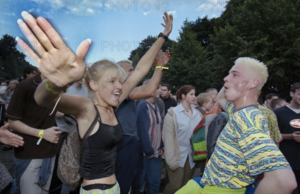 Under the motto One World one Future, techno music fans celebrate the 10th Love Parade with more than one million visitors in Berlin on 11 July 1998