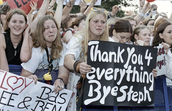 Fans of the boy band Caught in the Act cry and scream during the last concert of the Dutch boy band Caught in the Act in Magdeburg, 16 August 1998