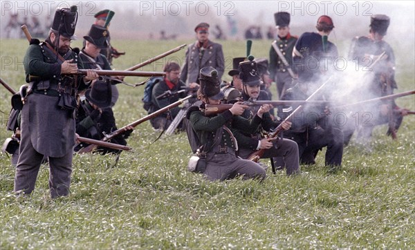 Actors in historical uniforms re-enact the battle in historical battle scenes on the 185th anniversary of the Battle of Leipzig in 1813, Leipzig, 17 October 1998