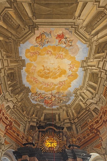 Ceiling fresco by Giovanni Francesco Marchini 1729 in the choir room, baroque, interior view, mock architecture, mock painting, ceiling painting, arts and crafts, painting, view from below, chancel, choir room, Trinity, angel, heaven, Mauritius Church, Wiesentheid, Lower Franconia, Franconia, Bavaria, Germany, Europe