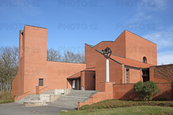 Modern St Michael's Church by architect Alexander von Branca 1987, Schwanberg Monastery, Casteller Ring Community, brick building, cross, Schwanberg, Steigerwald, Roedelsee, Iphofen, Lower Franconia, Franconia, Bavaria