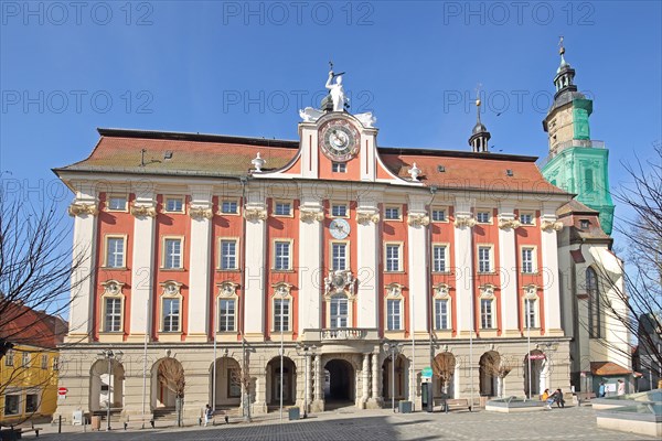 Baroque town hall built in 1717 Landmark and St Kilian's Church, market square, Bad Windsheim, Middle Franconia, Franconia, Bavaria, Germany, Europe