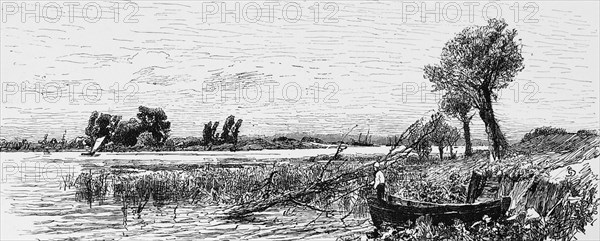 Wetlands along the Elbe, riverbank, rowing boat, quiet idyll, rural, Hanseatic city of Hamburg, Germany, historical illustration 1880, Europe