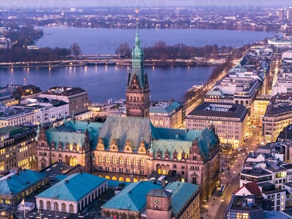 Aerial view of Hamburg City Hall with Inner Alster and Outer Alster Lake at blue hour, Hamburg, Germany, Europe