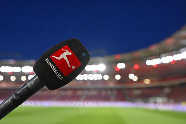 Microphone, microphone, logo, Bundesliga, interior, floodlit match, blue hour, MHPArena, MHP Arena Stuttgart, Baden-Wuerttemberg, Germany, Europe