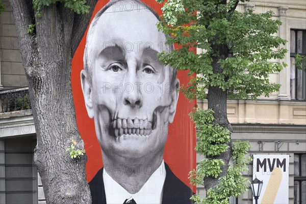 Riga. Protest posters opposite the Russian Embassy against Putin's war in Ukraine, Riga, Latvia, Europe