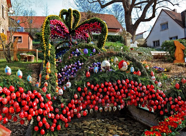 Detail of an Easter fountain in Franconian Switzerland, Bamberg district, Upper Franconia, Germany, many colourful blown-out and dyed eggs as decoration, Easter custom, Europe