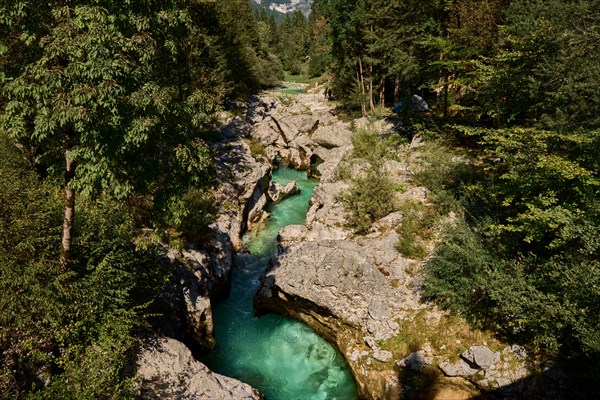 Soca River, narrow limestone gorge with rapids, small Soca troughs, Soca Valley, Mala korita Soce, Trenta Valley, Triglav National Park, Julian Alps, Slovenia, Europe