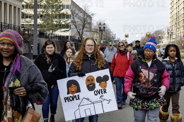 Lansing, Michigan USA, 2 March 2024, The Poor Peoples Campaign organized a march and rally at the Michigan State Capitol, part of a coordinated day of action in 32 states. Among the group's demands were a living wage, affordable healthcare, fully-funded public education, and clean air and water