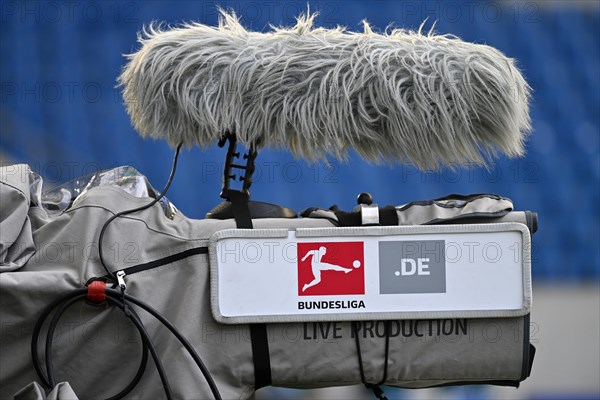 TV camera with outdoor microphone, windscreen, logo, Bundesliga, PreZero Arena, Sinsheim, Baden-Wuerttemberg, Germany, Europe